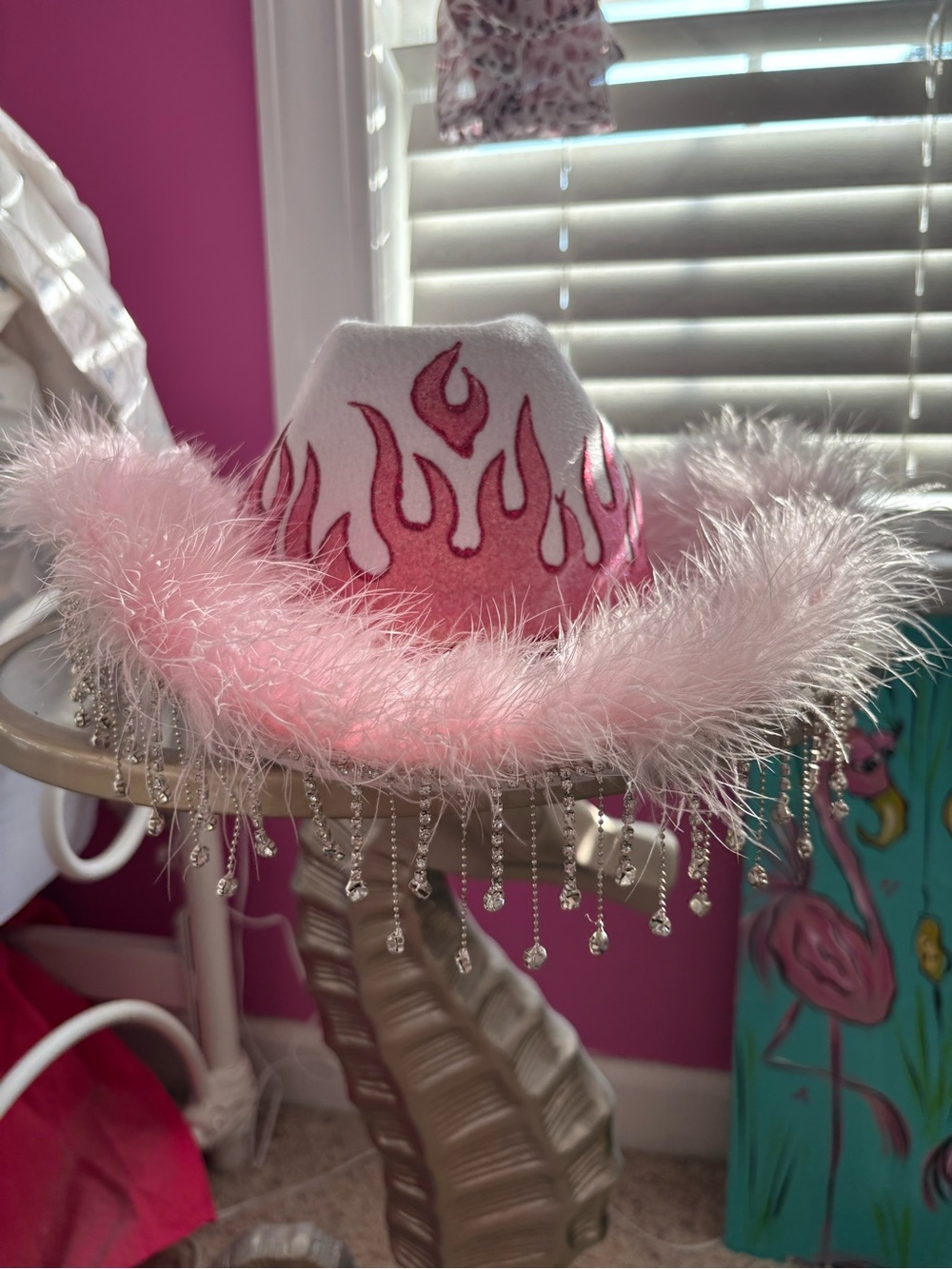 Pink Flame Western Cowboy Hat Feather Boa Rhinestone Fringe